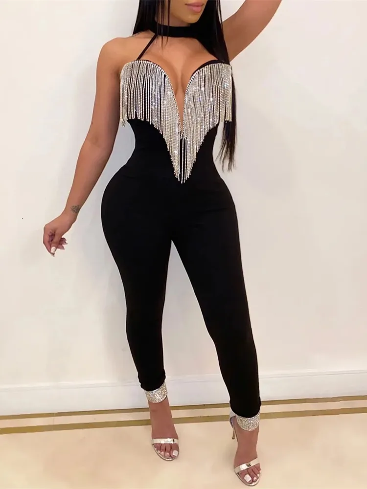 Kadınların tulumları Romper Party Elegant Peetin Tassel v Boyun Kolsuz Bodycon Romper Club Seksi Yaz Tulumları Kadın Sokak Giyim 221119