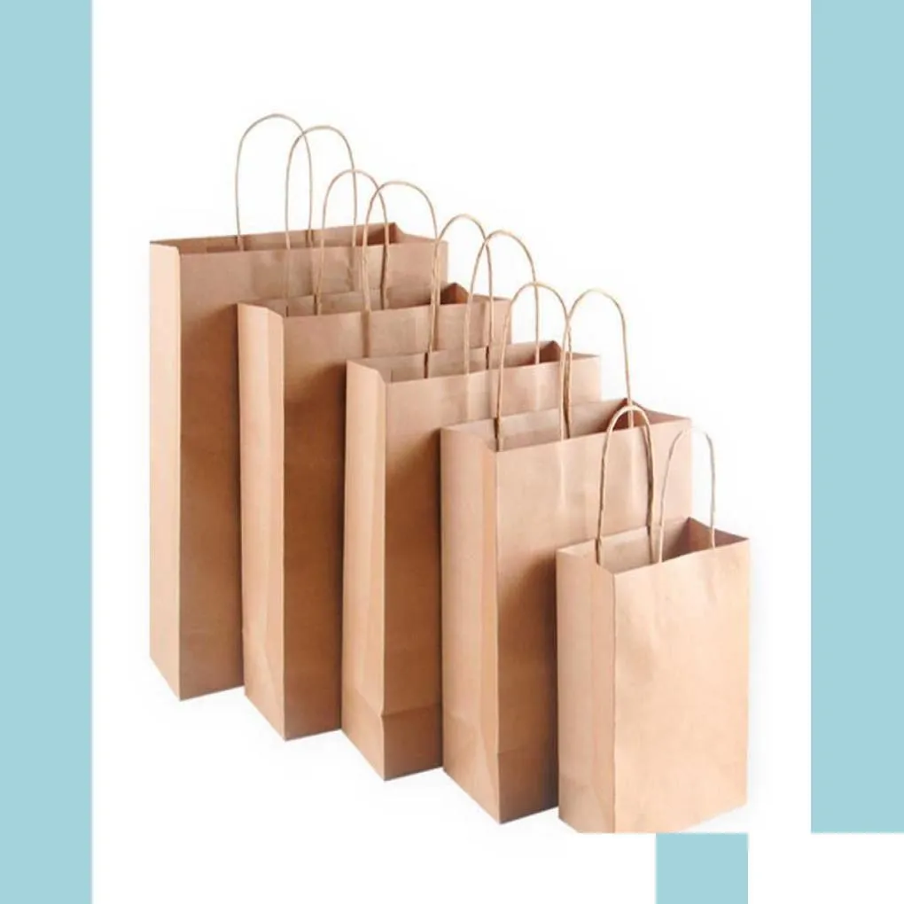 Present Wrap Gift Wrap Kraft Paper Bag med handtag Träfärgförpackningspåsar för butikskläder Bröllop Julfesttillbehör Handväskor Dhnaf