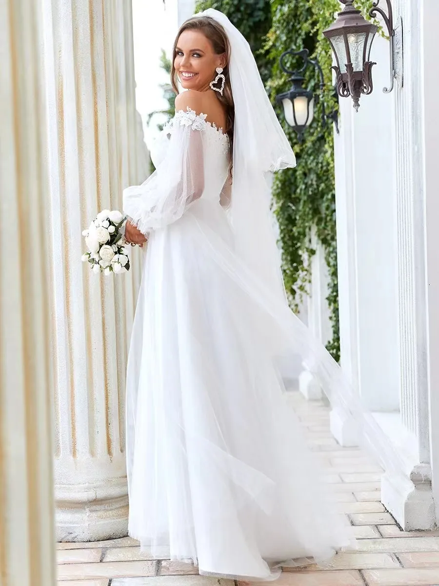 Abito da sposa bianco a maniche lunghe con scollo a V, taglie forti, spalle scoperte EP326