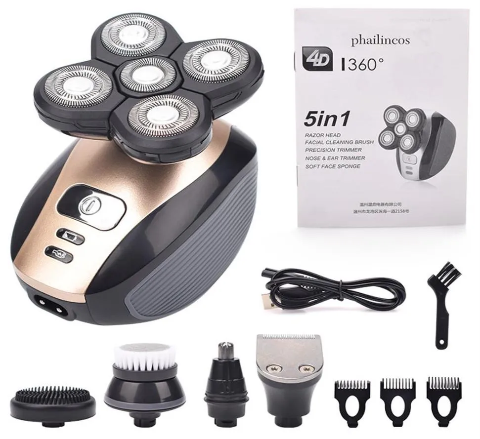 5 In 1 4D Men039s Rechargeable Bald Head Electric Shaver 5 Floating Heads Beard Nose Ear Hair Trimmer Razor Clipper Facial Brus
