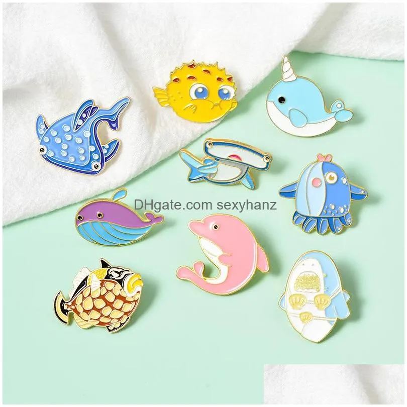 Pins Broches Creative Cartoon Underwater Animals Broches Set 9Pcs Dauphin Clown Poisson Émail Peinture Badges Pour Filles Alliage Pin Deni Dhufq