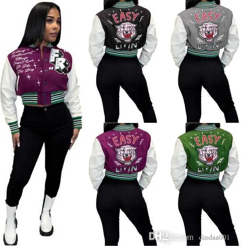 Womens Fashion Lettre Imprimer Veste Double Filetage Baseball Vestes Varsity Manteau Desinger Femmes Cropped Patchwork Bouton Letterman Crop Top S-XXXL