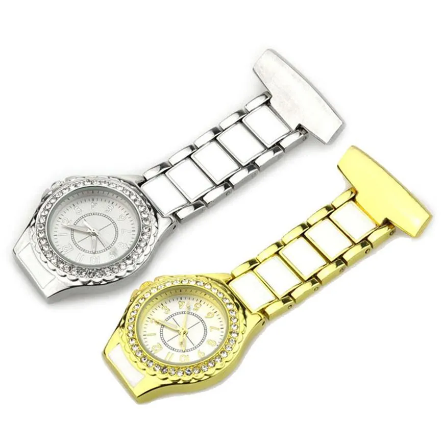 Rhinestone Nurse Watch FOB Pocket Nursing Watch Diamond Lapel Broschklocka för sjukhusläkare som medicinska gåvor Golden och Silver311l