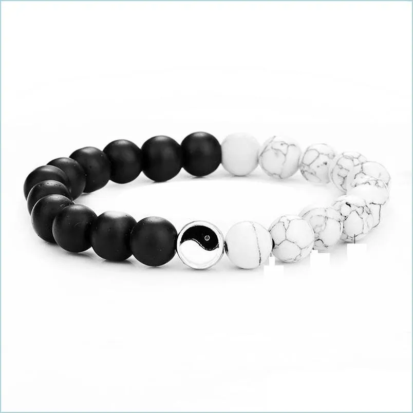 Beaded Yin Yang Beaded Bracelets Strands For Men Lucky Couple Bracelet Women Black White Onyx Stone Beads Psera Bangle Jewelry Drop D Dhsnr