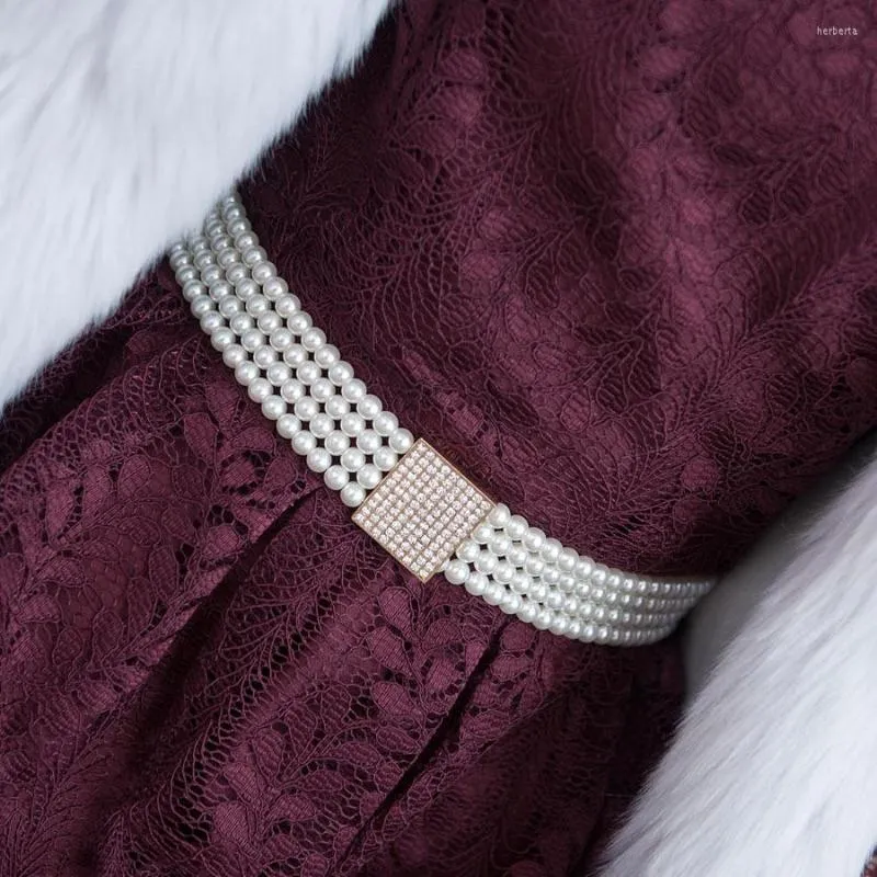 Paski Elastyczna pasa do pieczęci pasującej wszechstronna koreański styl damski podwójny rząd cztery perły pasek