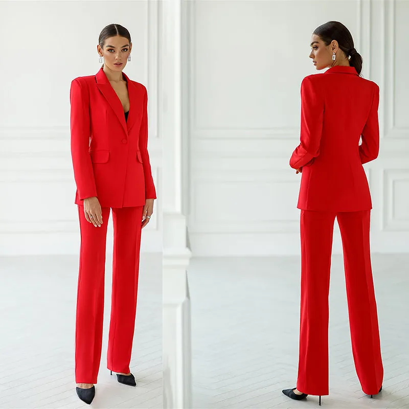 Office Lady Pants Suits Formal Women Red Blazer Wear Prom Party Business Outfits Jacket And Trousers