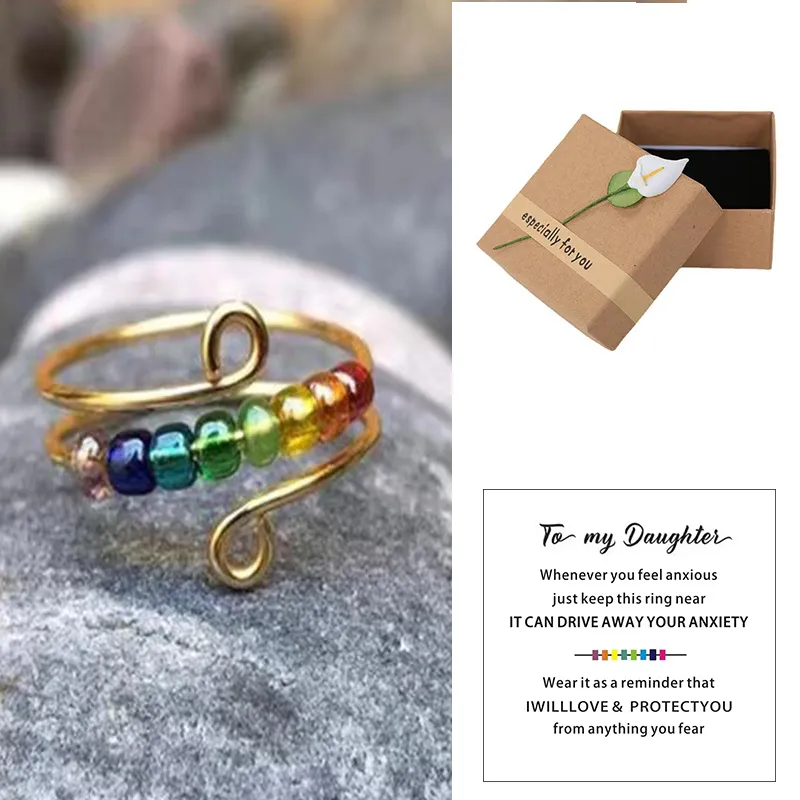To My Daughter Fidget Ring for Anxiety Adjustable Stacking Relief Rainbow Fidget Rings Jewelry Gifts