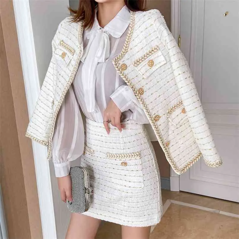 Autumn Winter Tweed Two Piece Outfits Set Fashion Woolen Tweed Jacket Coat Elegant A Line Skirt Suits Two Piece Set Women 210825