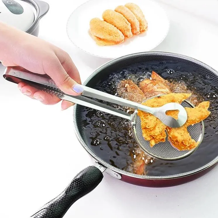 Roestvrijstalen filter lepel Colanders Keukenoliefrying filterbasket met clip multifunctionele keuken-strainer accessoires Tools SN262