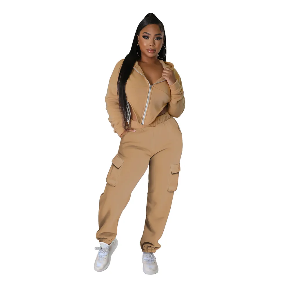 Women Two Piece Pants Irregularity Sports Sweatsuits Long Sleeve Hoodie and Sweat Pants Winter Warm Zip Up Tracksuit Set