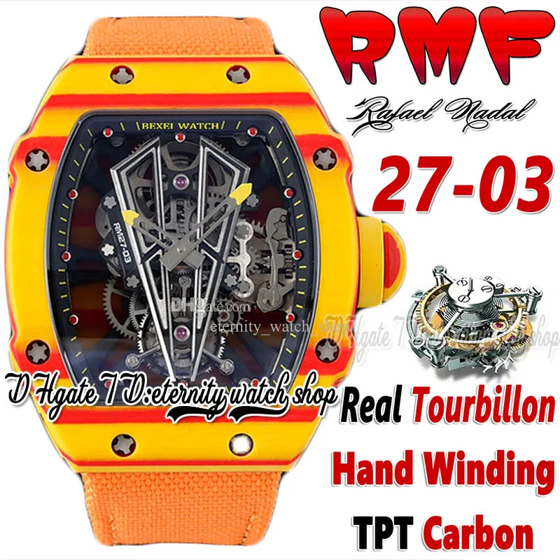 RMF ysf27-03 Mens Watch Real Tourbillon Hand Winding Red Yellow TPT Quartz Carbon Fiber Case Skeleton Dial Orange Nylon Strap Super Edition Sport eternity Watches