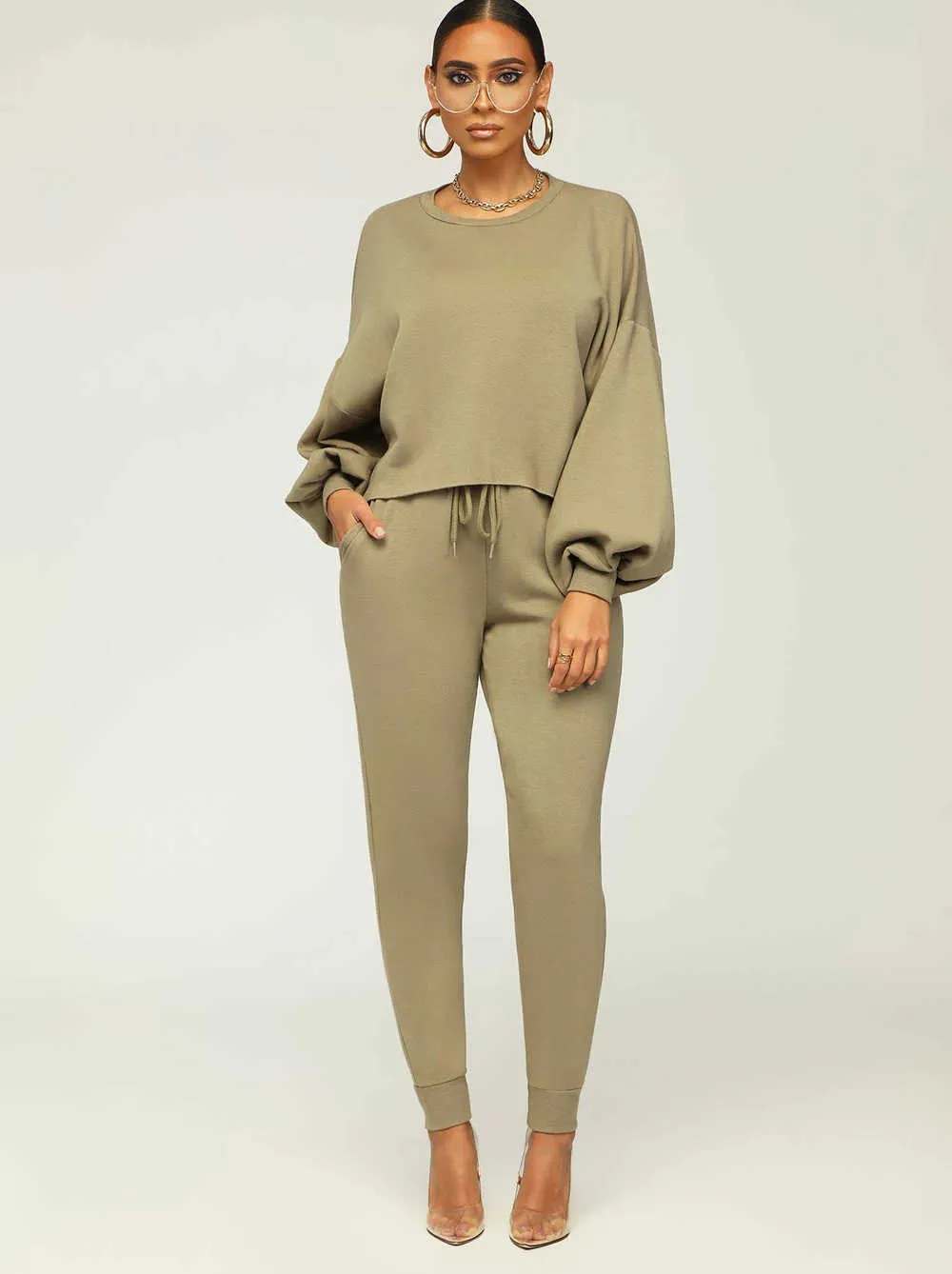 Dwuczęściowe spodnie damskie Seigurhry 2 -częściowe stroje dla kobiet eleganckie zestawy salonu bluza lantern rękawa ściągacza ściągacza z kieszeniami streetwear t221012