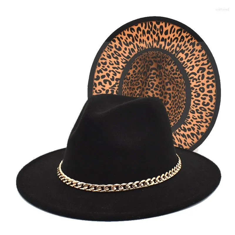 Beralar Metal Zincir Leopar Baskı Fedora Şapkası Siyah Big Brim Caz Top Sonbahar ve Kış Erkekleri Kadınlar İki Tonlu Panama