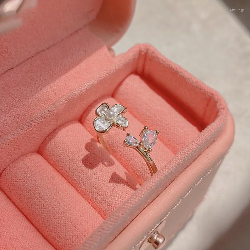 Cluster Ringe Kunst Mode Hochzeit 925 Sterling Silber Glanz CZ Diamant Blume Perle Offen Für Frauen Mädchen Edlen Schmuck LR021