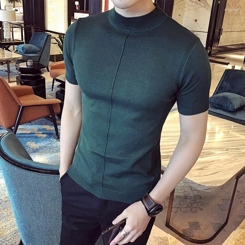 남성용 T 셔츠 8 색 하이 칼라 남성 Camiseta Masculina 바닥 남성 티 셔츠 homme 스트리트웨어 니트 짧은 소매 티셔츠