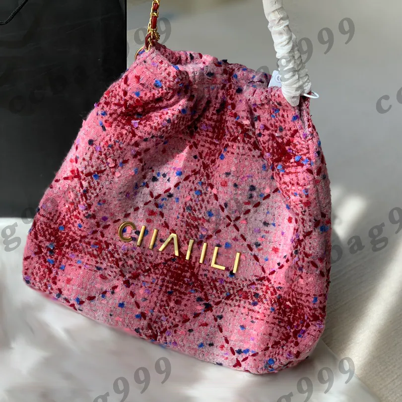 Women F/W Pink Tweed Shopping Bags Fur Quilted Embroidery Gold Hardware Leather Chain With Purse French Designer Outdoor Trend Large Capacity Lady Handbags 36x33CM