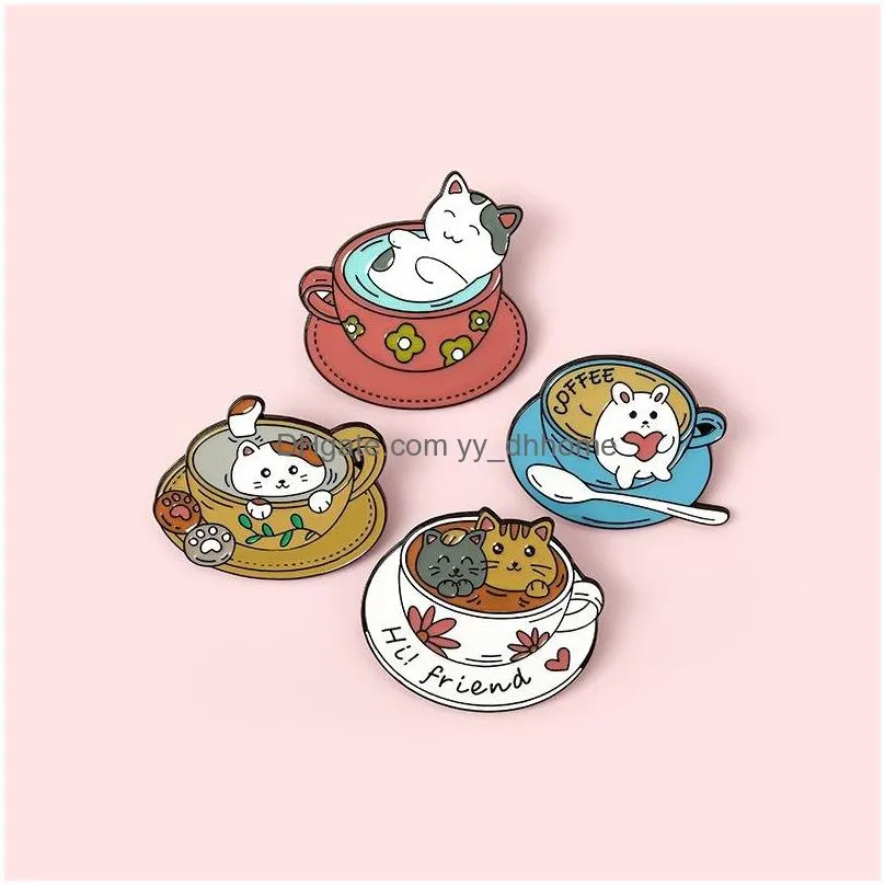 Pinos broches desenho animado gato de caf￩ x￭cara de bruzhes de 4pcs esmaltamento colorf badges para meninos liga lapela pin camisa de jejum jewe dhwyo