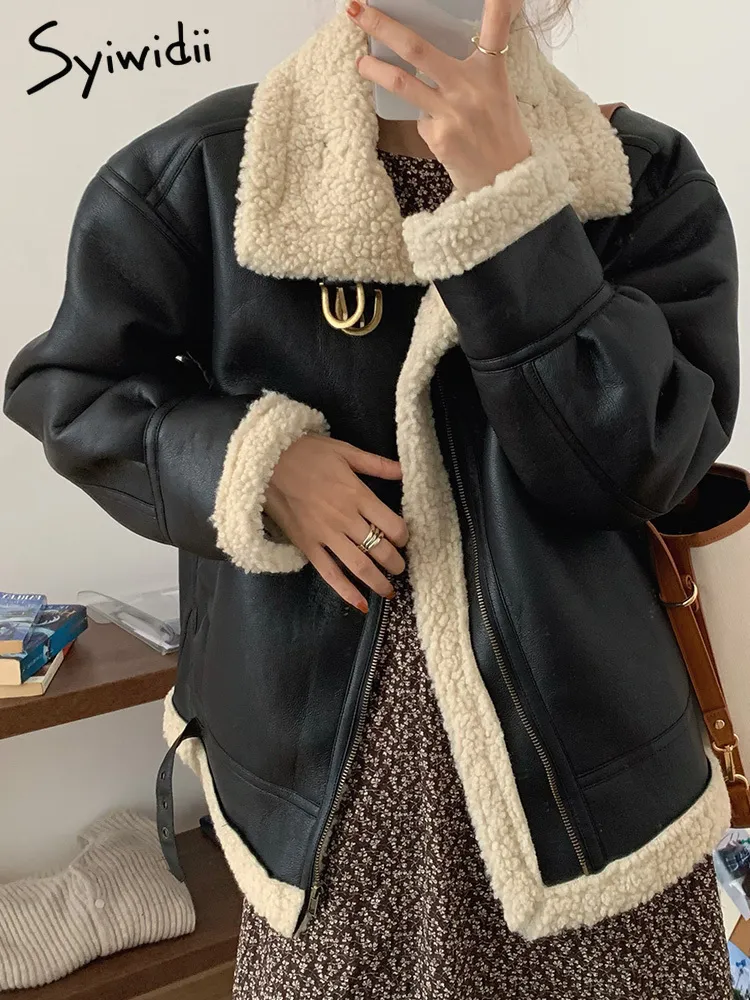 Women's Fur Faux Syiwidii Coat Winter Jacket Lambswool Sheepskin Loose Warm Thicken Locomotive Female Black Chic Pu Outwear 221119