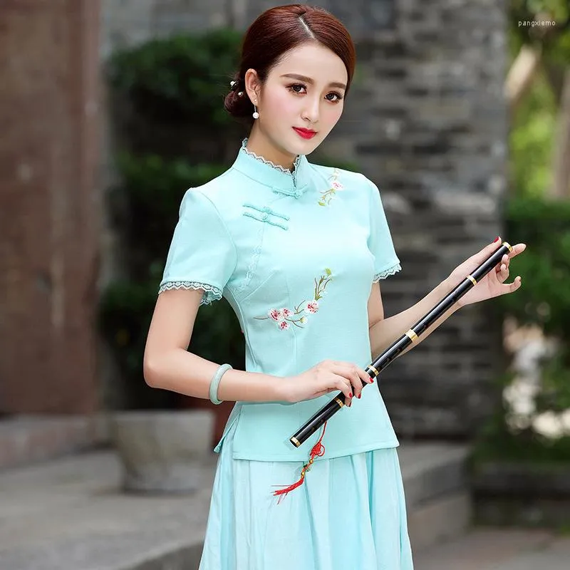 Etnische kleding sheng coco vrouwen traditionele Chinese blouse qipao tops zomer korte mouw borduurwerk cheongsam