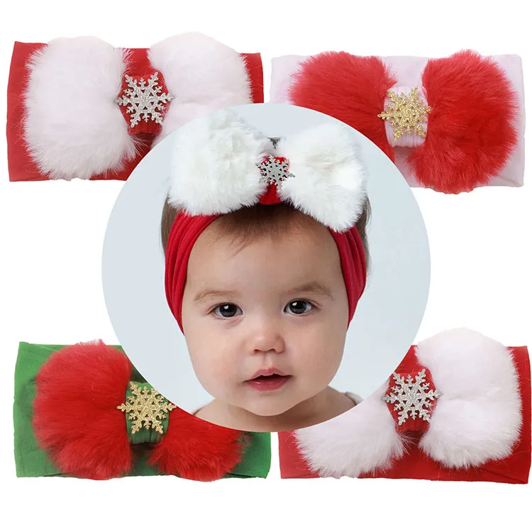 Noël bébé fourrure arc bandeau couleur unie large nylon bandeau flocon de neige élastique turban bandeau pour enfant en bas âge fille fête de noël accessoires de cheveux M4240