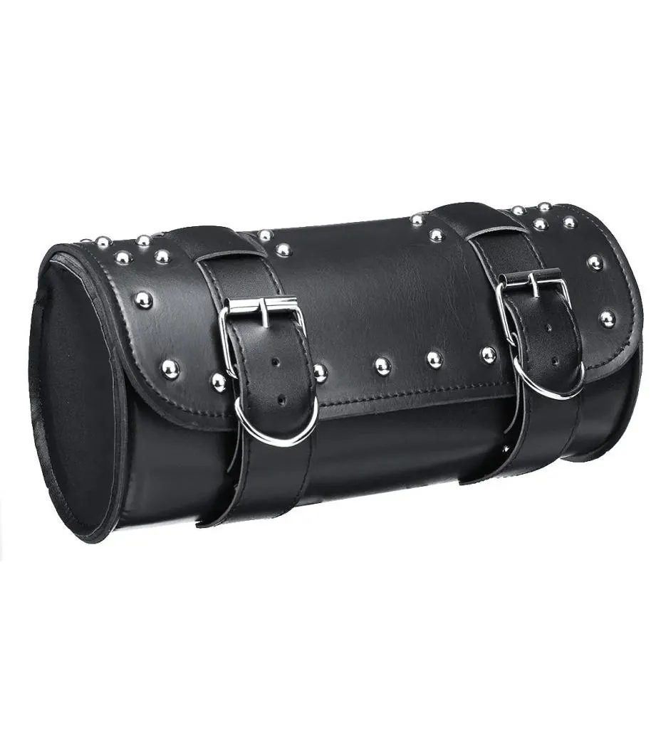 دراجة نارية PU Leather Black Tool Bag Front Fork Handlebar Saddlebags Roll Barrel Style