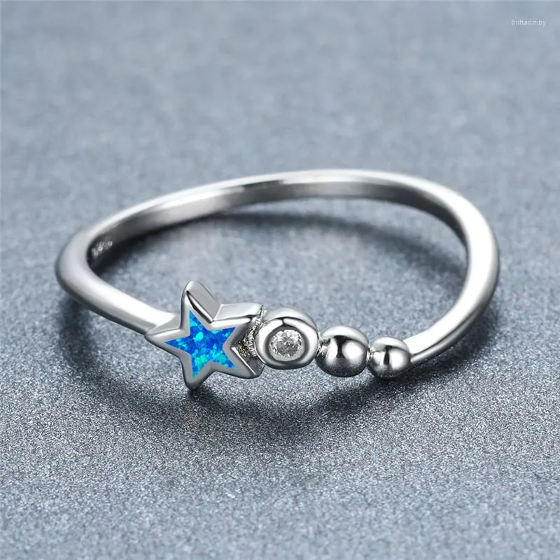 Wedding Rings Charm Silver Color Thin Ring Cute Round Crystal Engagement Dainty Female Blue White Star Opal Stone For Women