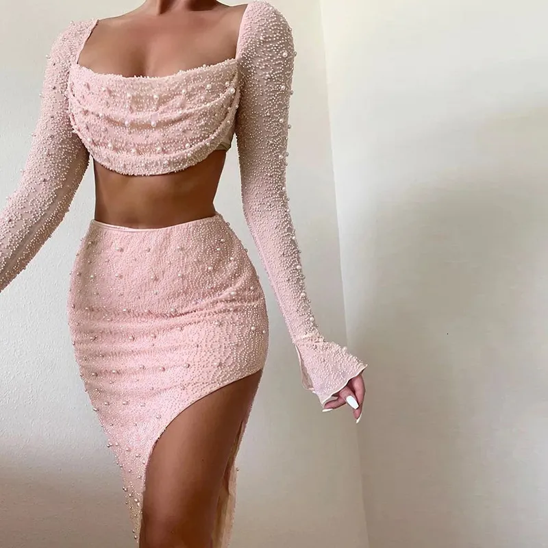 Mozision Pearl Square Collar Two Piece Sparkly Dress Set Mozision Pearl Square Collar Two Piece Sparkly Dress Set