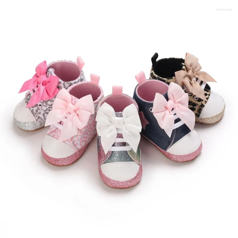 Premiers marcheurs nés bébé filles chaussures léopard/étoile nœud papillon toile Shorts infantile été automne semelle souple marcheur enfant en bas âge 0-12 M