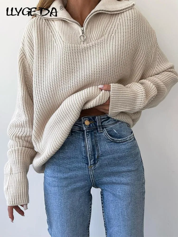 Womens Sweaters Turtleneck Knitted Women Sweater Zipper Autumn Winter Female Jumpers Tops Vintage Long Sleeve Casual Pullover 221118
