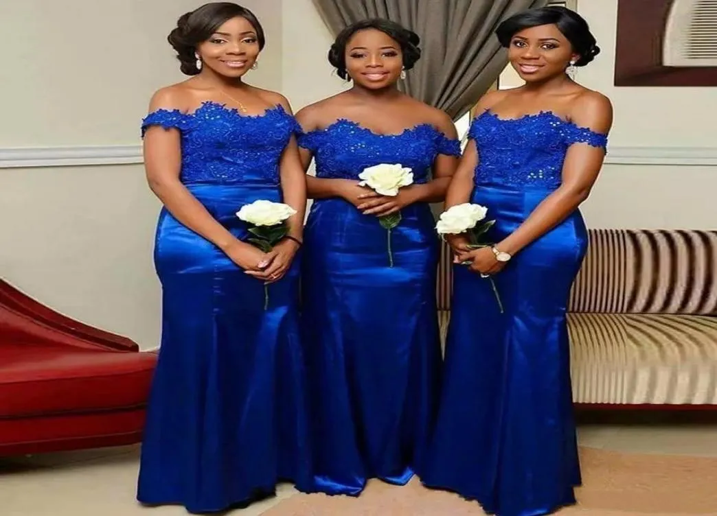 2022 Королевские голубые платья подружки невесты плюс размер кружевные аппликации свадебное платье гостевого платья для чернокожих девушек с русалки, не подходящая для плеч.