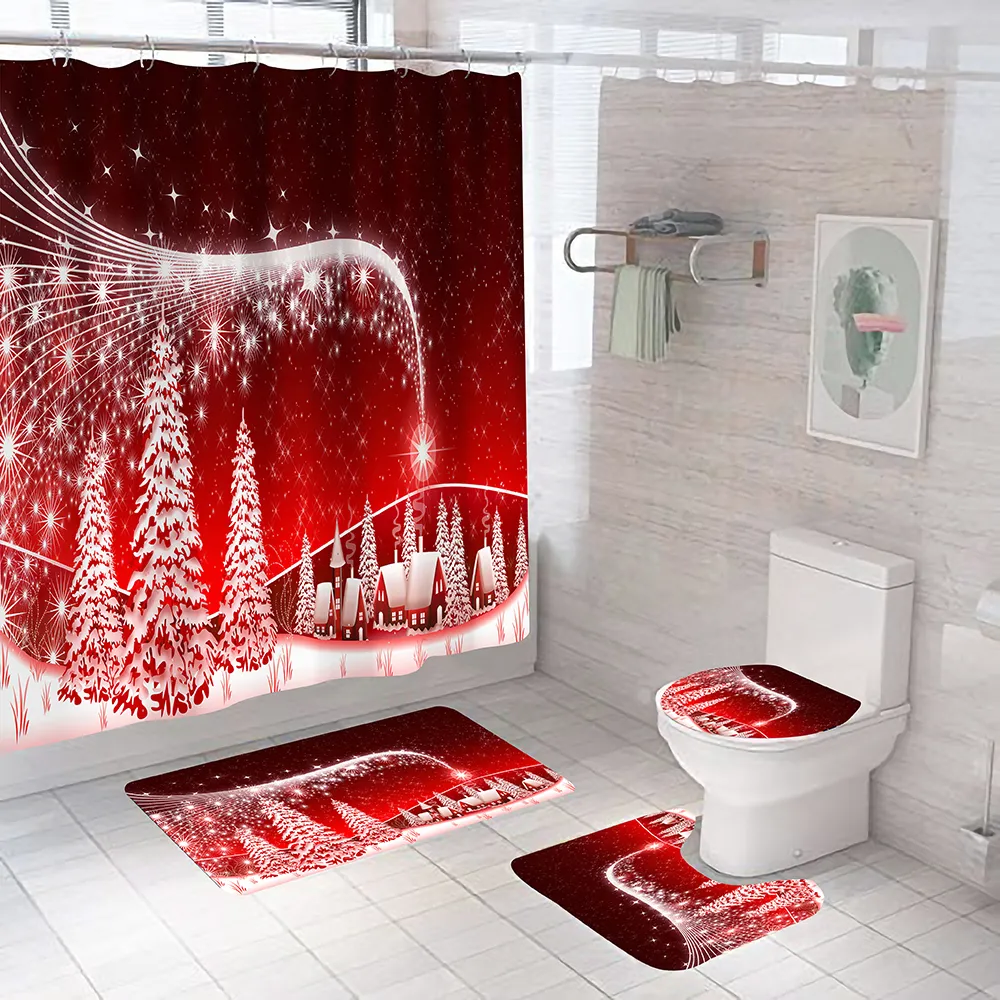 Rideaux de douche Bipoobee Arbre de Noël Ensemble de salle de bain Rideau imperméable Père Noël Tapis antidérapants Couverture de toilette Bain avec crochets L221118