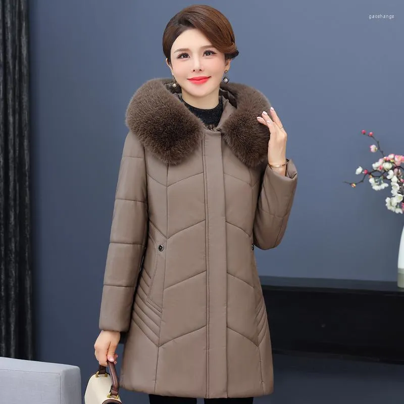 Women's Trench Coats Winter Leather Parkas Women Hooded Fur Collar Thick Warm Middle-aged Women's Jackets Windproof Waterproof Elegant