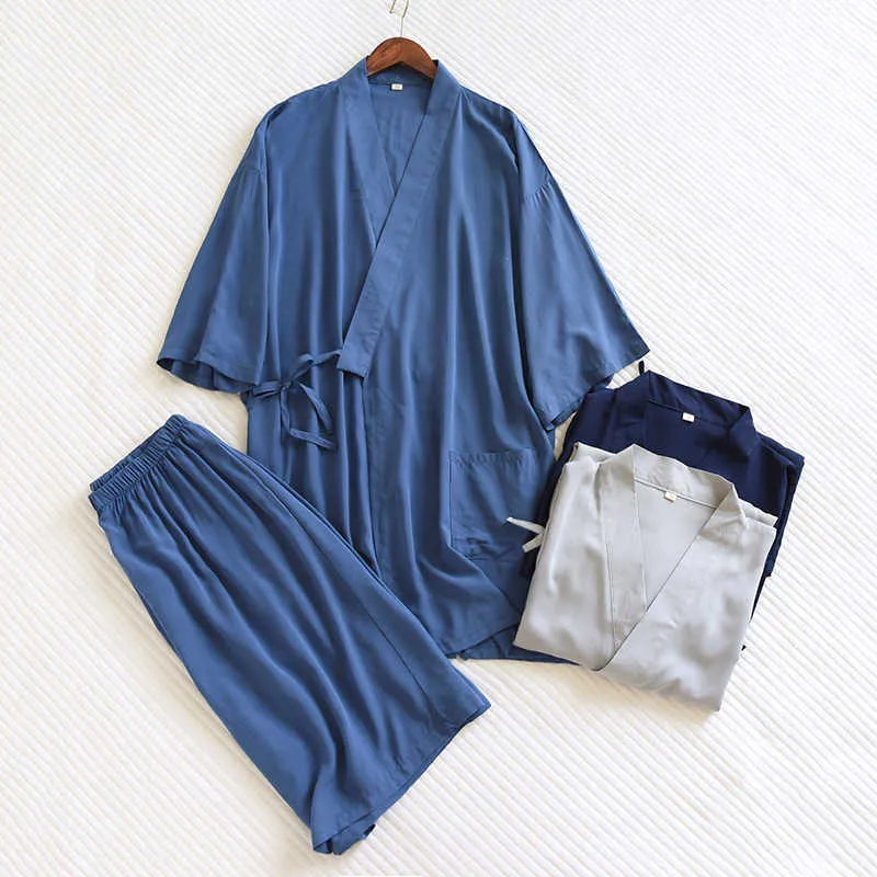 Mäns sömnkläder 2022 Nya herrkimono Sleepwear Set Spring and Fall Solid Color Homewaer Viscose Loose Pyjamas Set 2st Comfort Comfort Coman Wear T221103