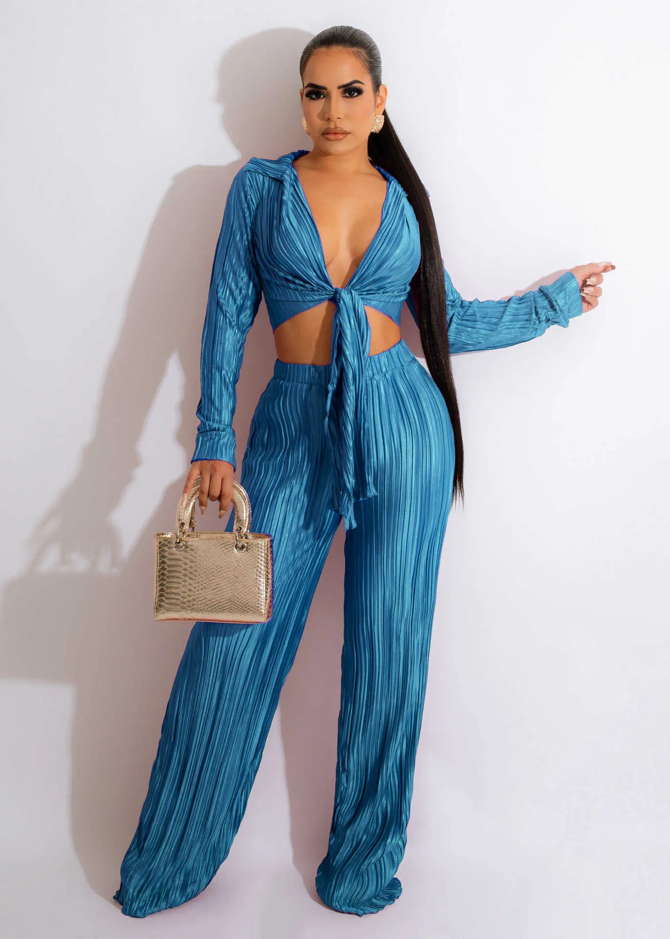 Pleated V-neck top & wide leg pant two piece set