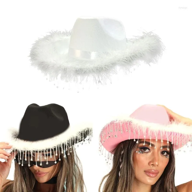 Berretti Moda Nappe con strass Cappello da cowgirl Stile occidentale Donna Piuma a tesa larga Feltro Cowboy Club Party Cosplay Puntelli