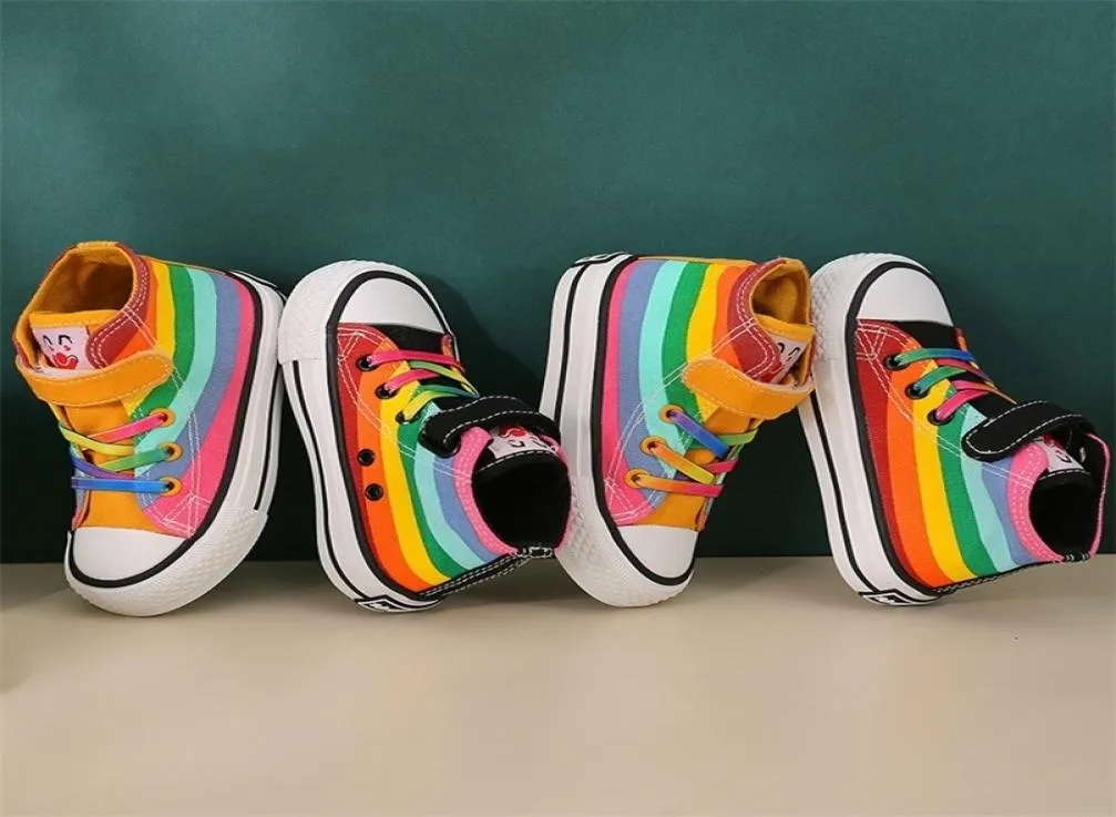 Excellent Kids Shoes for Girl Autumn 2021 Children039s Hightop Canvas Shoes Casual Wild Boys Sneakers Girls Rainbow Shoes 2202155176593