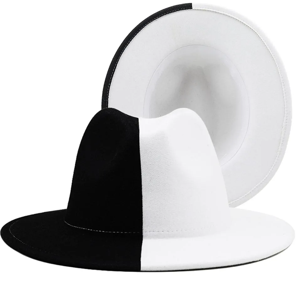 Black White Patchwork Wool Felt Jazz Fedora Hat Women Unisex Brim Brim Panamá Partido Trilby Cowboy Cap Men Hat de Casamento 220812304x