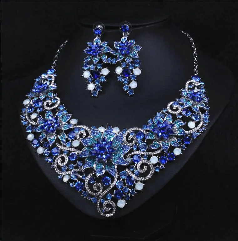 Cores azuis brilhantes jóias de flores 2 peças conjuntos de colar breos de jóias de jóias de noiva Jóias de casamento T222127616222144