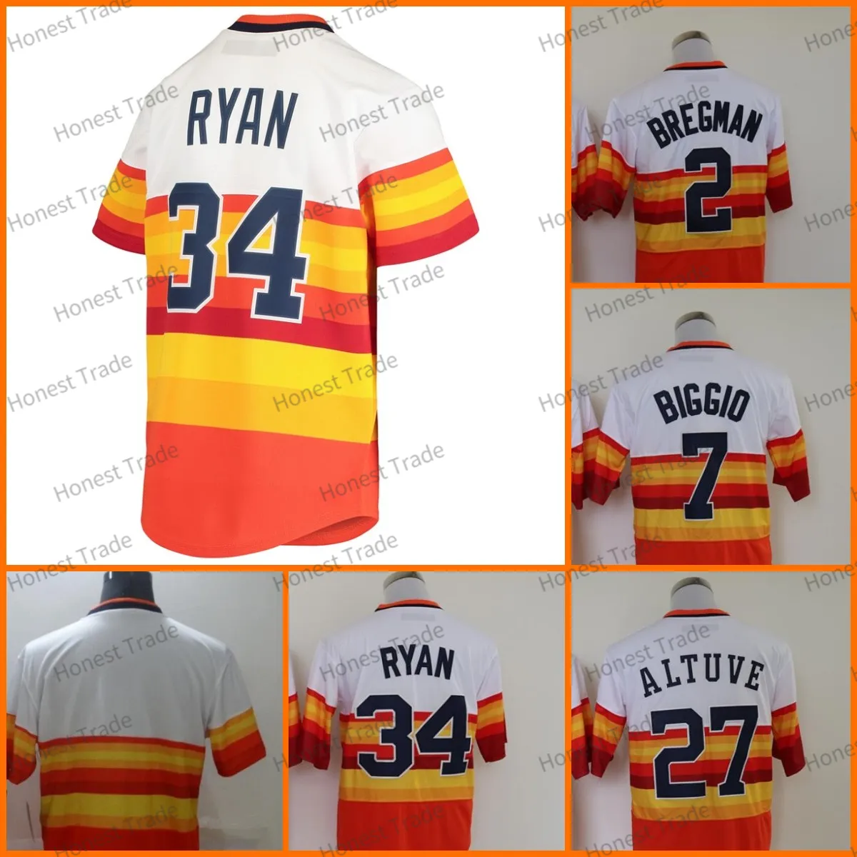 Neues Retro Nolan Ryan Craig Biggio Baseball-Trikot 27 Jose Altuve 2 Alex Bregman Herren-Baseball-Trikots genähter orangefarbener Regenbogen-Pullover