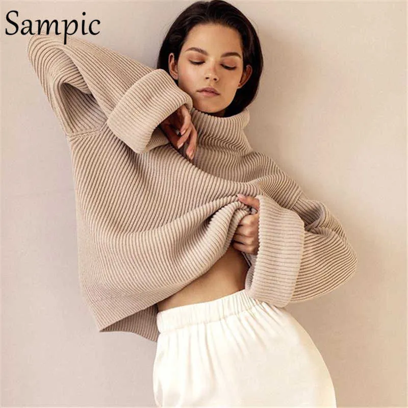 Kobiety koszulki sampic khaki białe swobodne dzianiny pullover golarki sweter skoczki kobiety długie rękawy luźne golf sweter vintage zima t221012