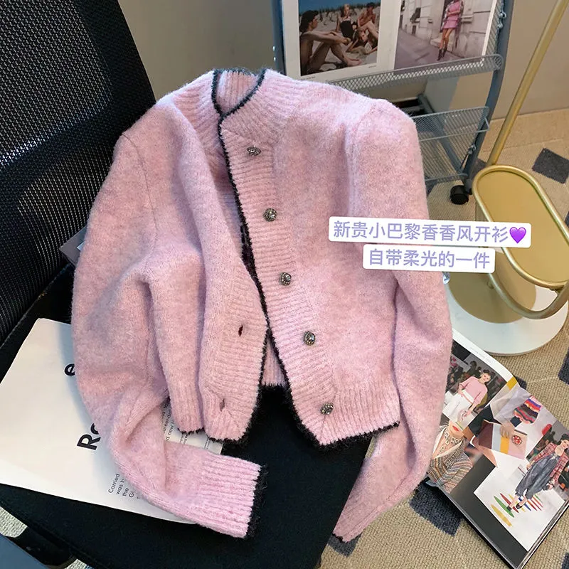 Kvinnor cardigan rosa o-hals tröja våren hösten ny söta flickor toppar söt stickad koreansk chic singel breasted short coat 2023