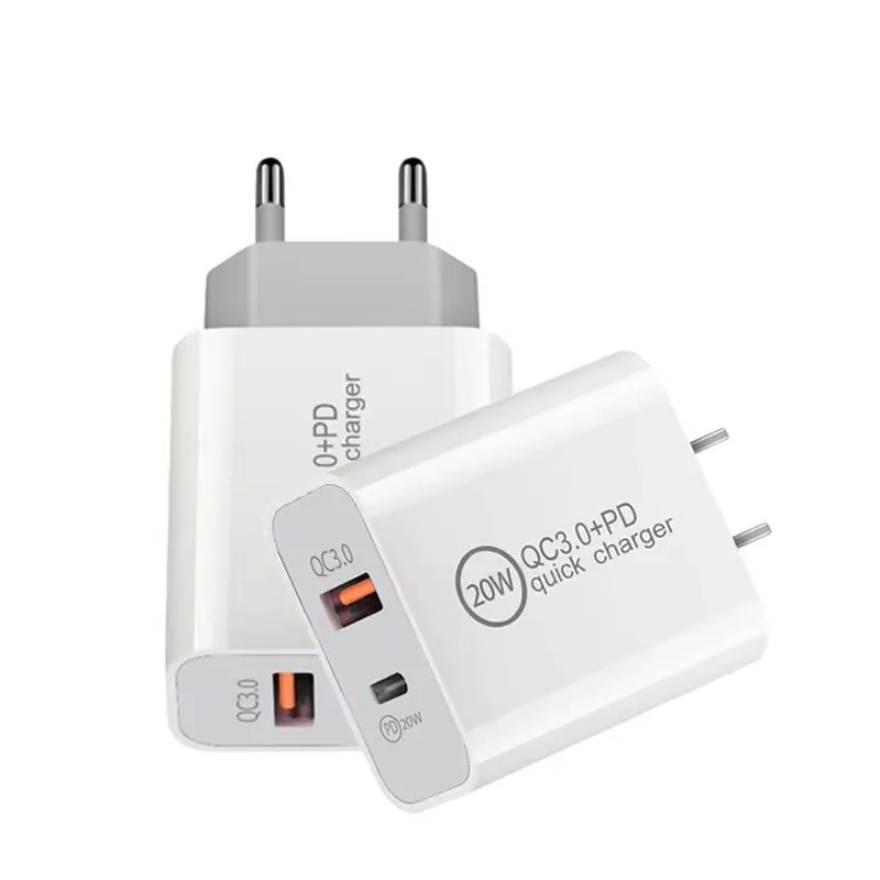 20w carregador de parede rápida Tipo C PD PD Charging Home Travel Chargers Adaptador para iPhone Samsung eu plug plug qc 3.0 carregador de telefone com caixa de varejo