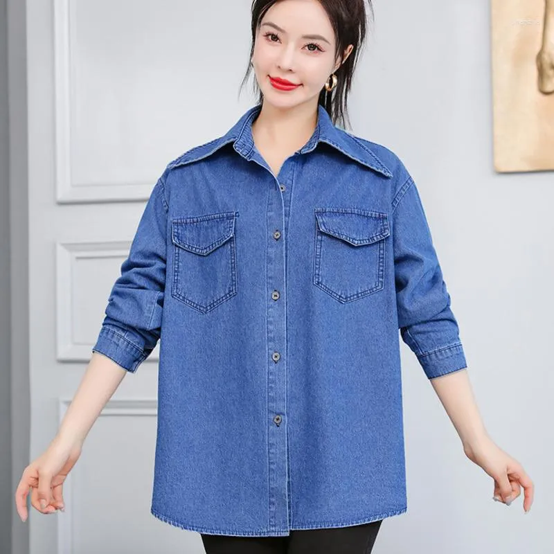 Kvinnors blusar #3420 Blue Denim Shirts Women Turn-Down Collar Casual Jeans Skjorta Långärmad lös ytterkläder i mitten av längden
