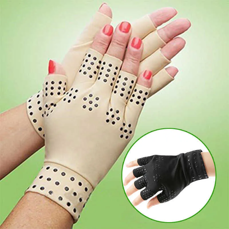 Elastisk kompression fingerfria handskar Magnetiska anti-arres Gummi Anti-halk Halva Figerhandskar Relief Heal Handfogar sm￤rta