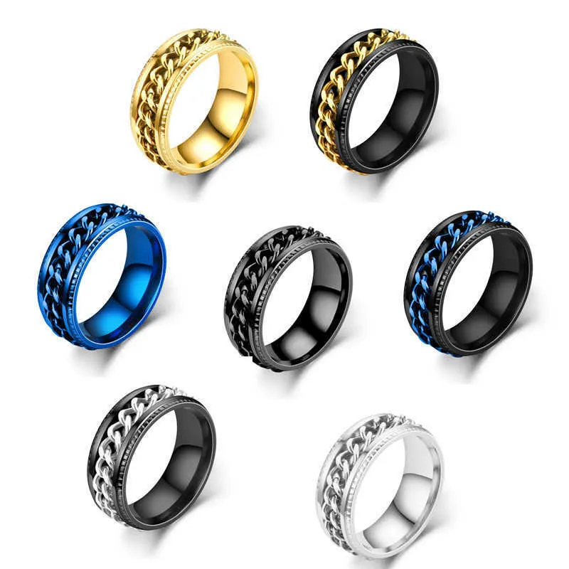 8mm spinnare rostfritt stål fidget ring ångest ring för män med trottoarkedja inlay mens bröllopband