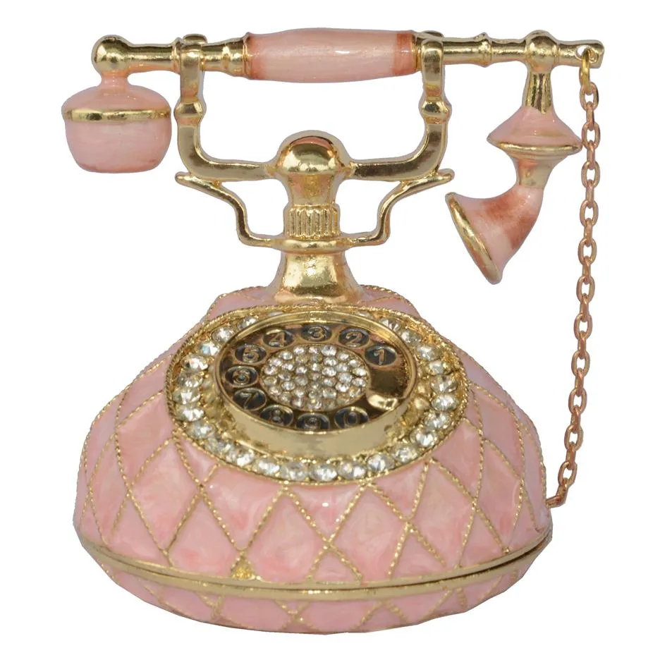 Pink Antique Telephone Bejeweled Collectible Trinket Jewelry Box with Crystals Enamelled Christmas gifts255n