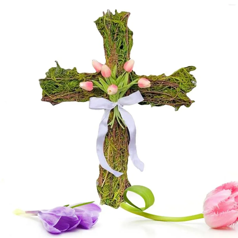 Dekorativa blommor blommor Cross Wall Decor Crucifix med glada p￥sk religi￶sa dekorationer han ￤r uppstod