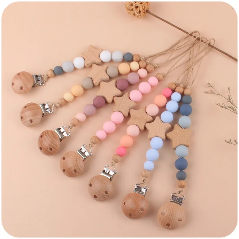 Porte-sucettes Clips # Infantile Hêtre Bébé Bande Dessinée Étoile Chaîne En Bois Antigoutte Accessoires Clip Pendentif 221119