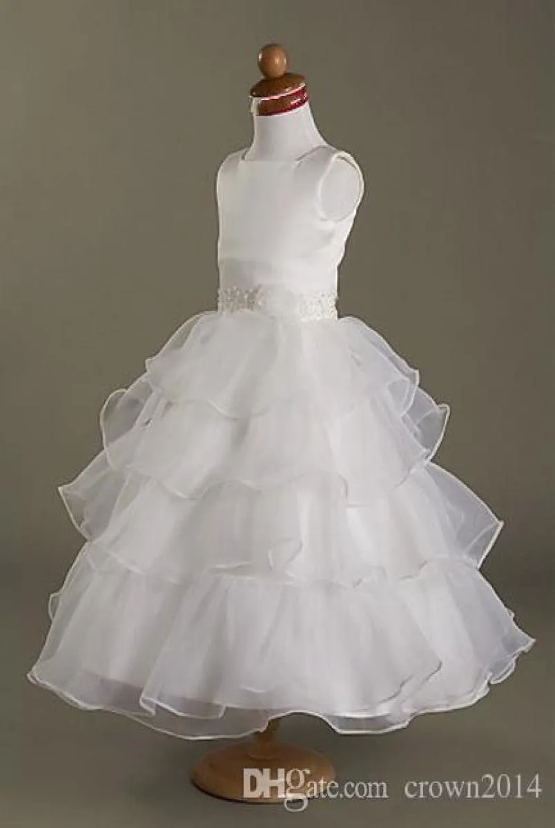 2022 Princess Dresses White Little Girls Fashion Square Neckline Layered Tealength Beaded Satin Organza Ball Gown Flower Girl Dre8428359