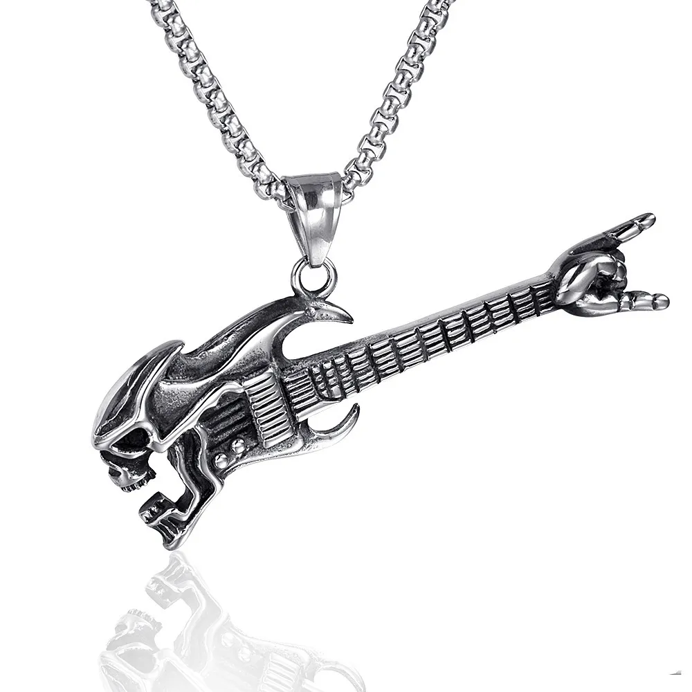 Skull Bass Guitar Gest Pendant Necklace Men's Retro Music Personality Unique Titanium Steel Halsbandsmycken